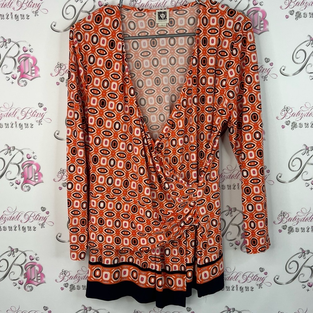 Anne Klein long sleeve stretchy geometric Orange Patterned Wrap Blouse